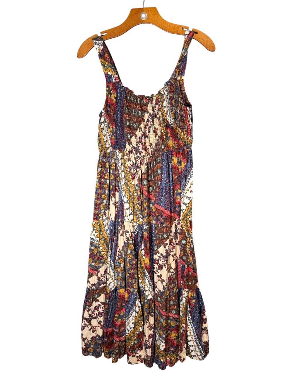 Lola P Rayon Midi Dress Mixed Print Tiered Boho Multicolor L